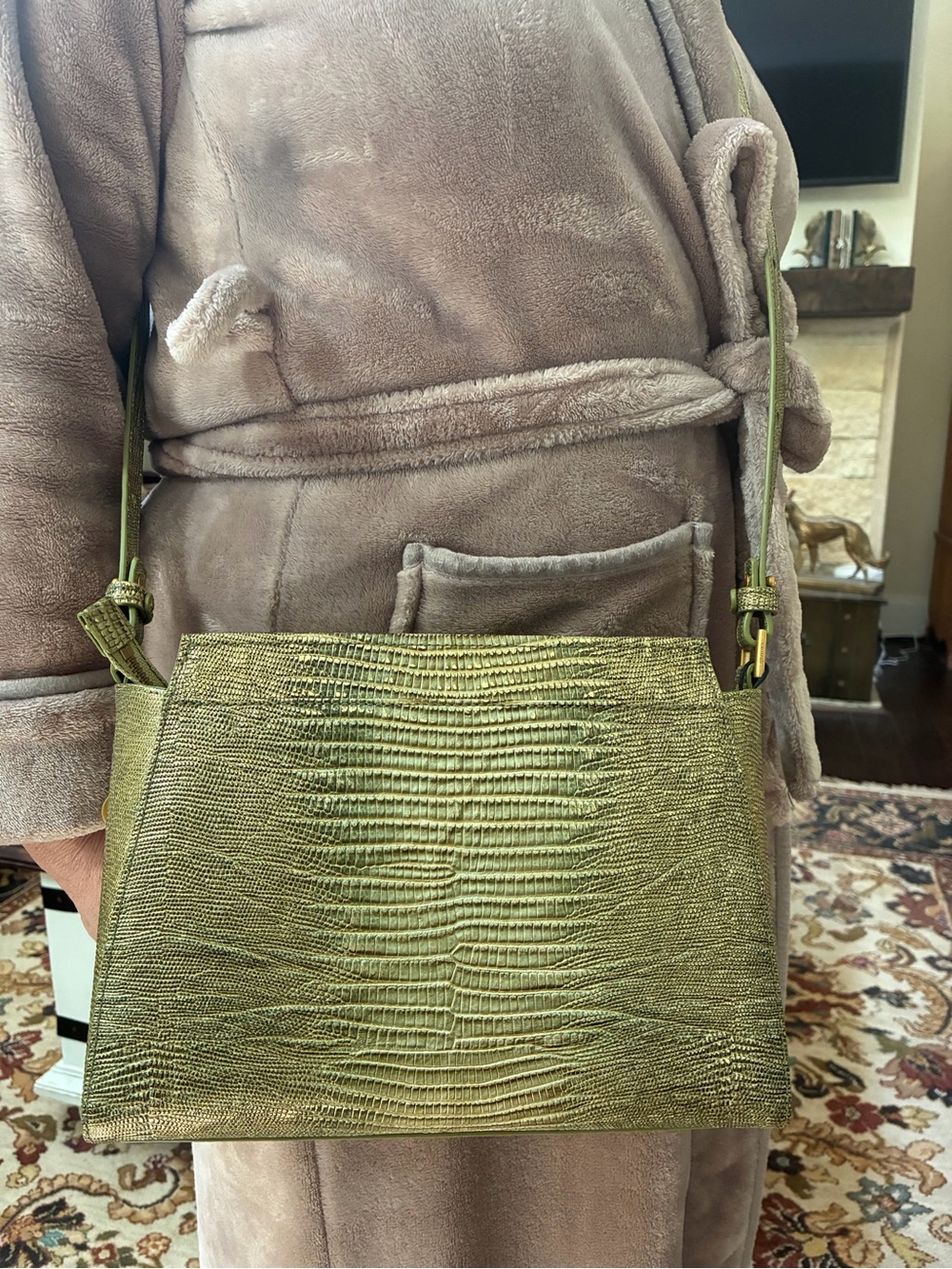 Brahmin Metallic Olive Green Lizard-Embossed Shoulder Bag